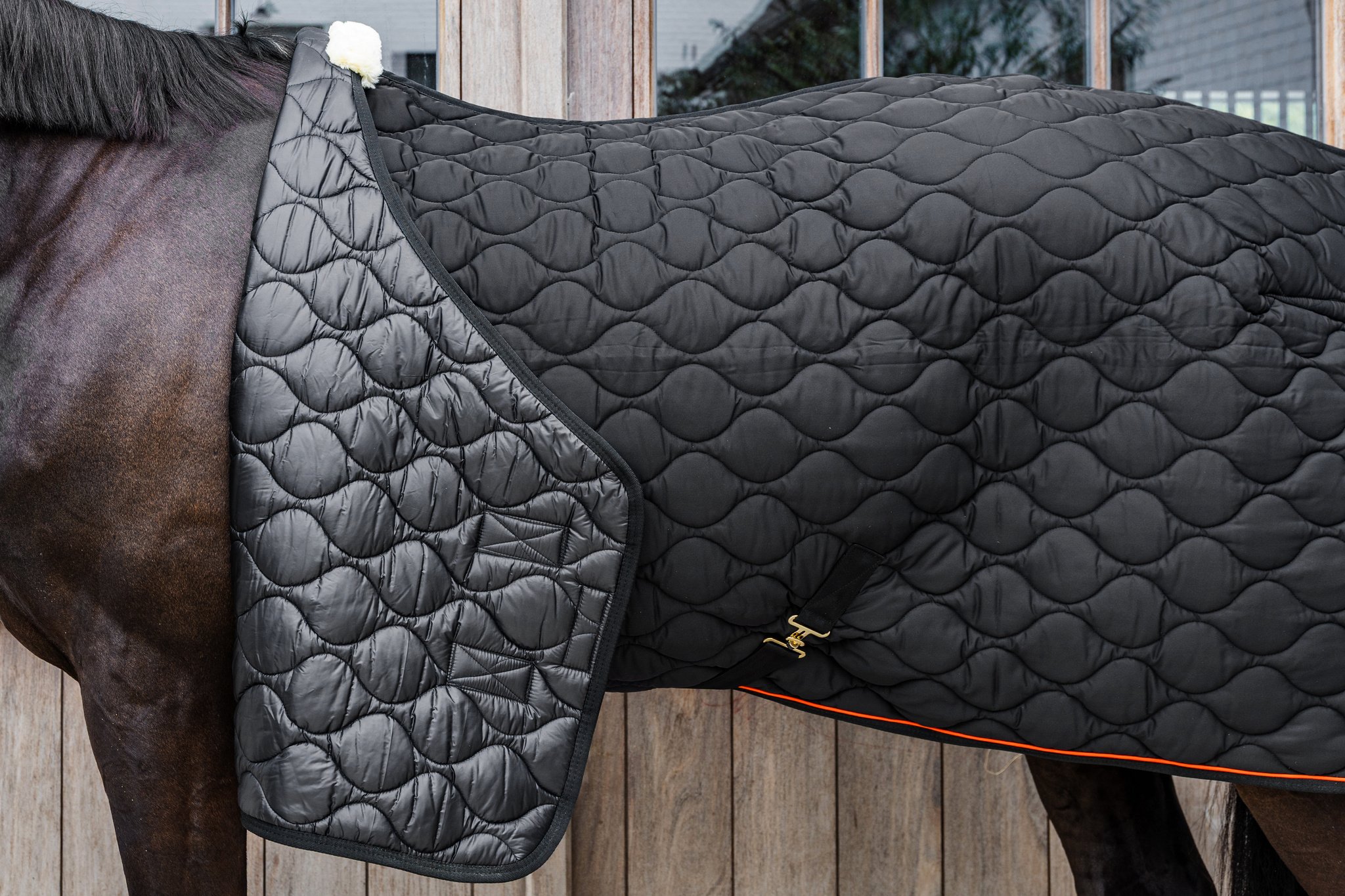 KENTUCKY® HORSEWEAR Stalldecke Wave 160g, schwarz Schwarze Stalldecke Wave mit Wellensteppung und Widerristpolster auf dem Rücken eines Pferdes in Seitenansicht.
