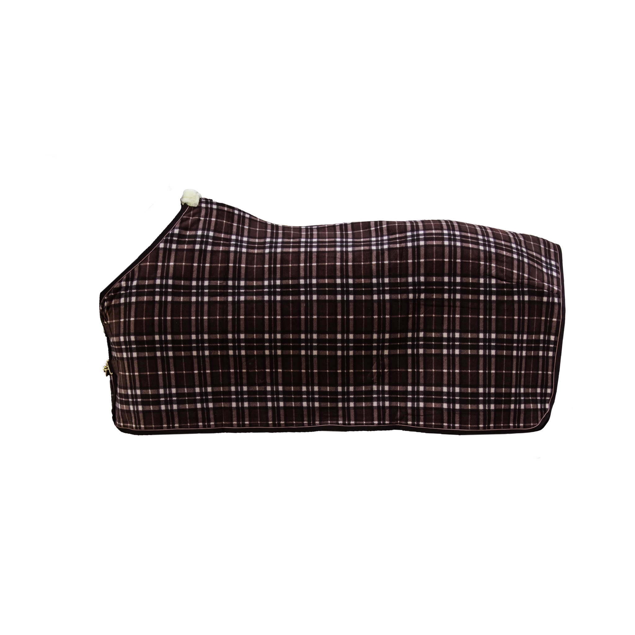 KENTUCKY® HORSEWEAR Turnierabschwitzdecke Heavy Fleece, braun kariert Braune Abschwitzdecke Heavy aus Fleece mit Karomuster und weißem Widerristpolster in der Seitenansicht.