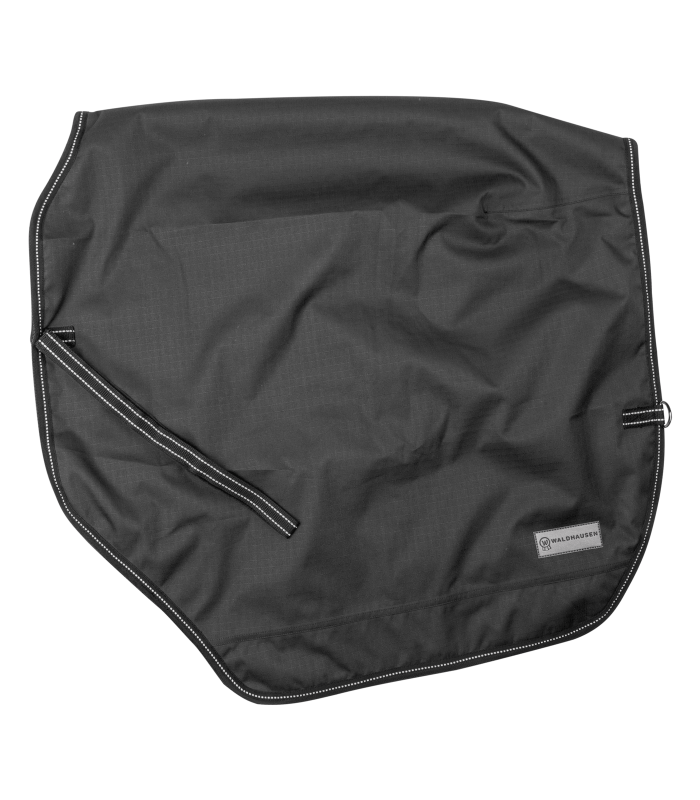 WALDHAUSEN Regen-Nierendecke Salzburg – schwarz Schwarze Regen-Nierendecke Salzburg für Pferde, flach ausgebreitet in der Draufsicht mit reflektierender Paspel.