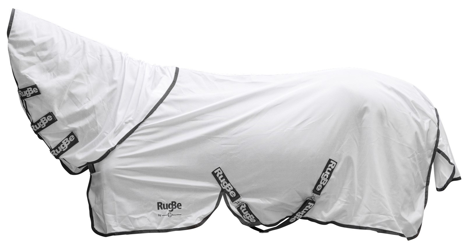 Weiße KERBL Fliegendecke RugBe SuperFly mit langem Halsteil und schwarzen Rändern, aus leichtem Mesh-Material.