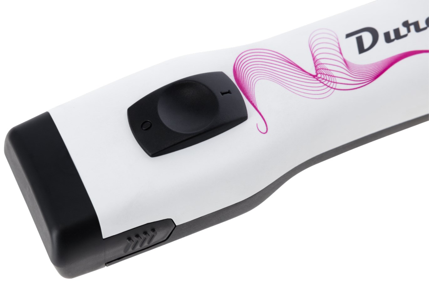 Detailansicht der Aesculap Akkuschermaschine Durati in Weiß mit schwarzem Schalter und pinkem Liniendesign.