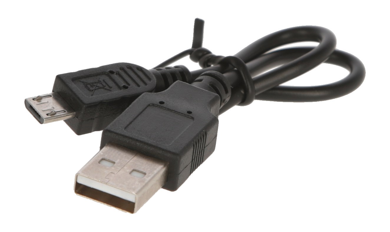 Schwarzes USB-Ladekabel für das LED-Halsband Maxi Safe. Nahaufnahme des USB-A und Micro-USB-Steckers.