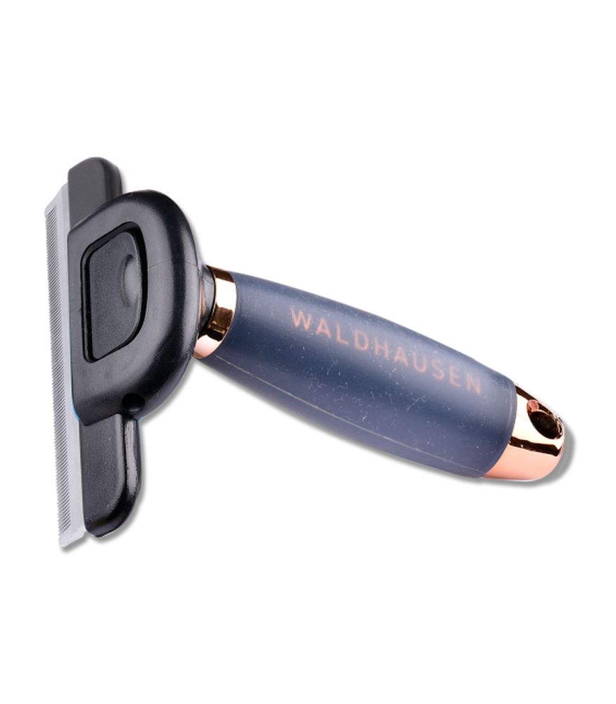 WALDHAUSEN Fellwechselkamm mit Gelgriff in Größe L Waldhausen Fellwechselkamm mit dunkelblauem Gelgriff, roségoldenen Akzenten und schwarzem Kammkopf mit feiner Metallklinge.