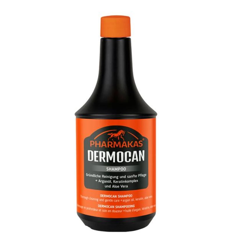 PHARMAKAS® Dermocan Shampoo Pharmakas Dermocan Shampoo für Pferde in schwarzer Flasche mit orangefarbenem Etikett für eine sanfte Reinigung.
