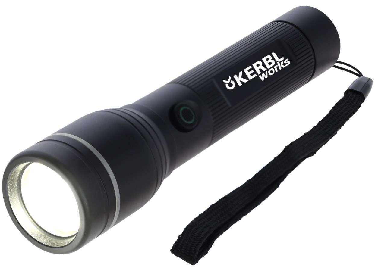 Schwarze KERBL LED-Akkutaschenlampe ProFire 1800 mit geriffeltem Griff, Handschlaufe und leuchtendem Kopf.