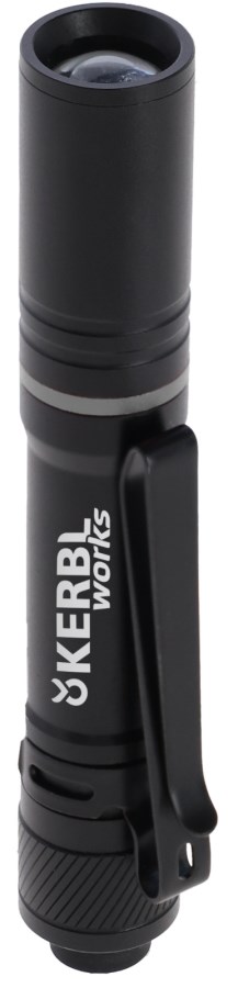 Kompakte KERBL LED-Taschenlampe MiniFire in Schwarz mit praktischem Clip und griffiger Oberfläche