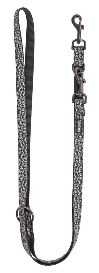 Kerbl Führleine Shiny Night in Schwarz mit silbernem Ornament-Muster, verstellbar durch zwei Karabiner und Ringe.