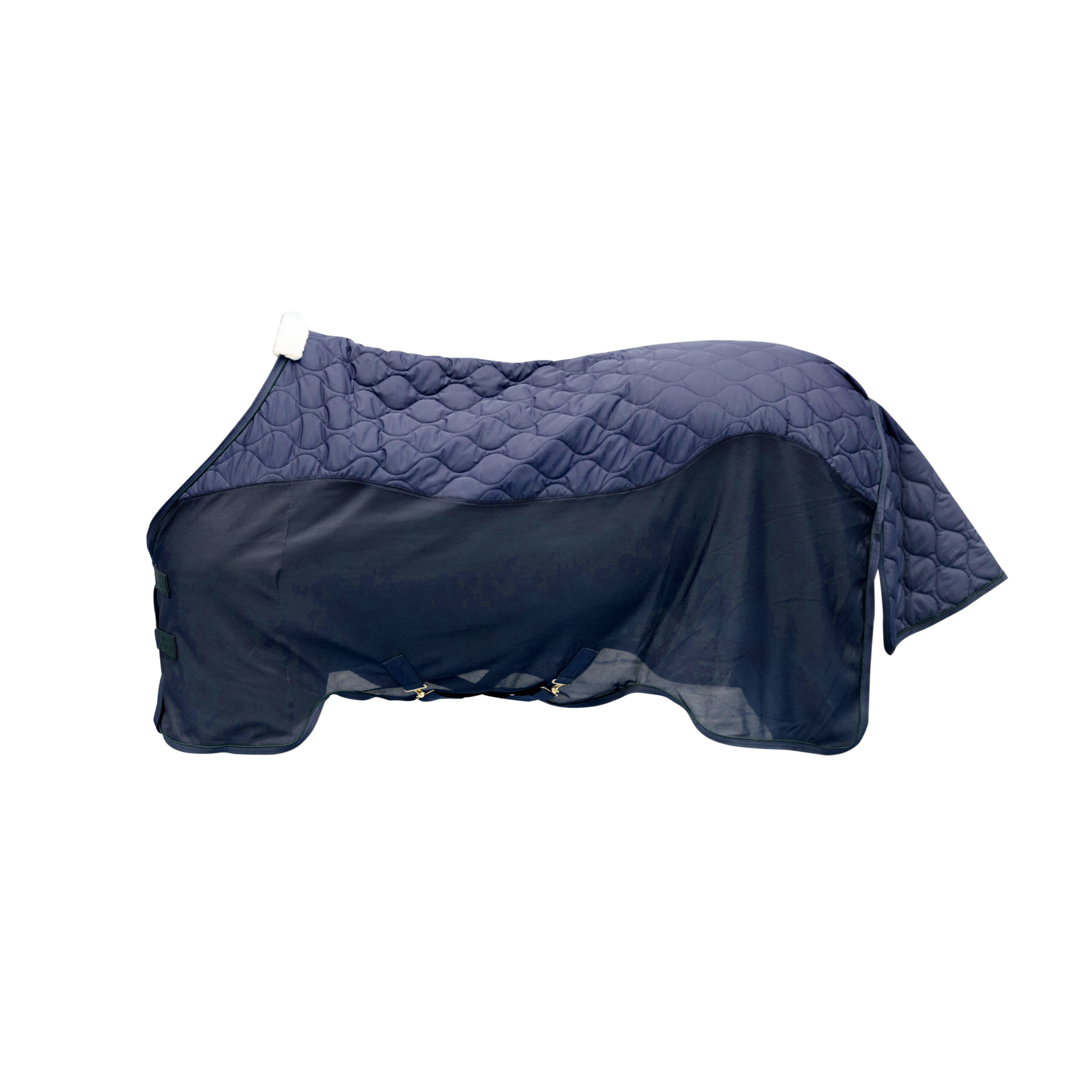 Navyblaue Transport Combo Fleecedecke mit gestepptem Rückenbereich und dunklerem Fleece-Unterteil, Seitenansicht.