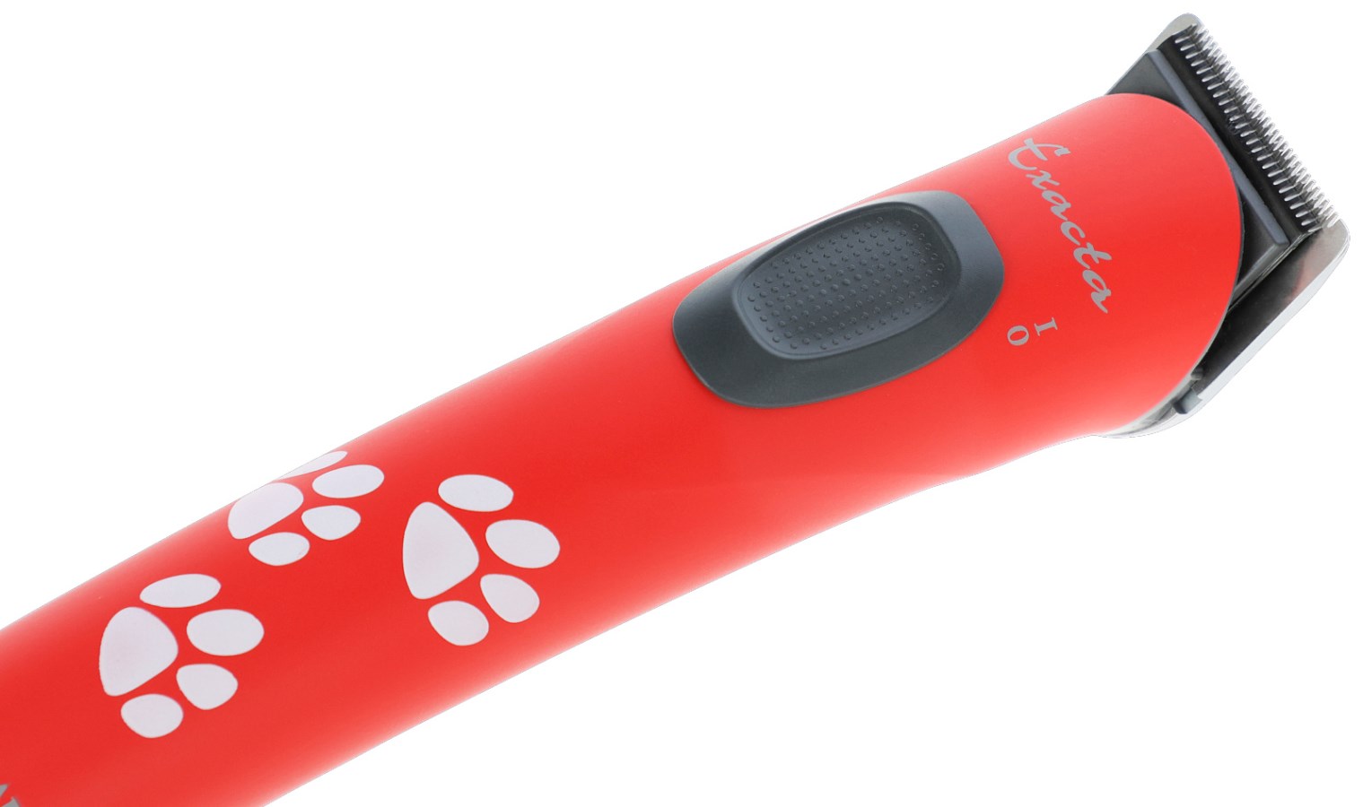 Roter AESCULAP Akkutrimmer Exacta mit Scherkopf für die präzise Tierschur, mit weißen Pfotenabdrücken verziert.