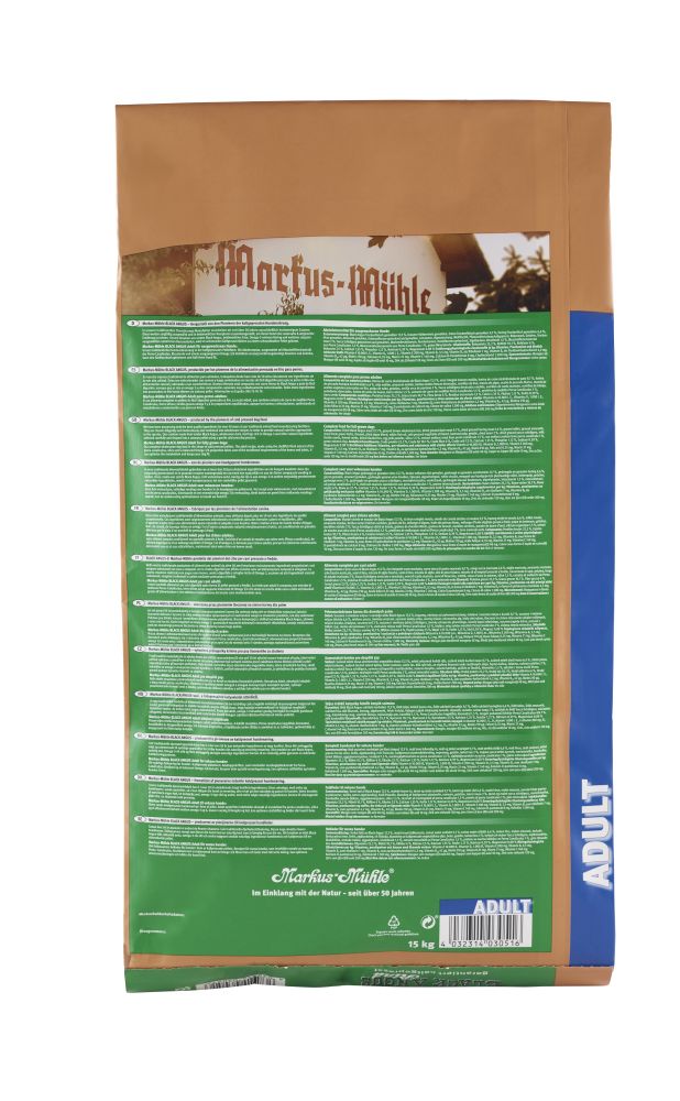 MARKUS-MÜHLE® BLACK ANGUS Rind Adult Rückseite des Markus-Mühle Black Angus Adult Rind Futtersacks mit mehrsprachigen Nährwertangaben und Deklaration.