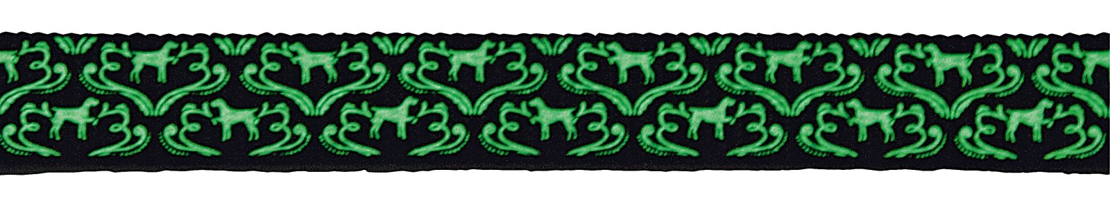 Detailansicht des schwarzen Kerbl Halsbandes Shiny Night mit neongrünem, leuchtendem Muster aus Tieren und Ornamenten.
