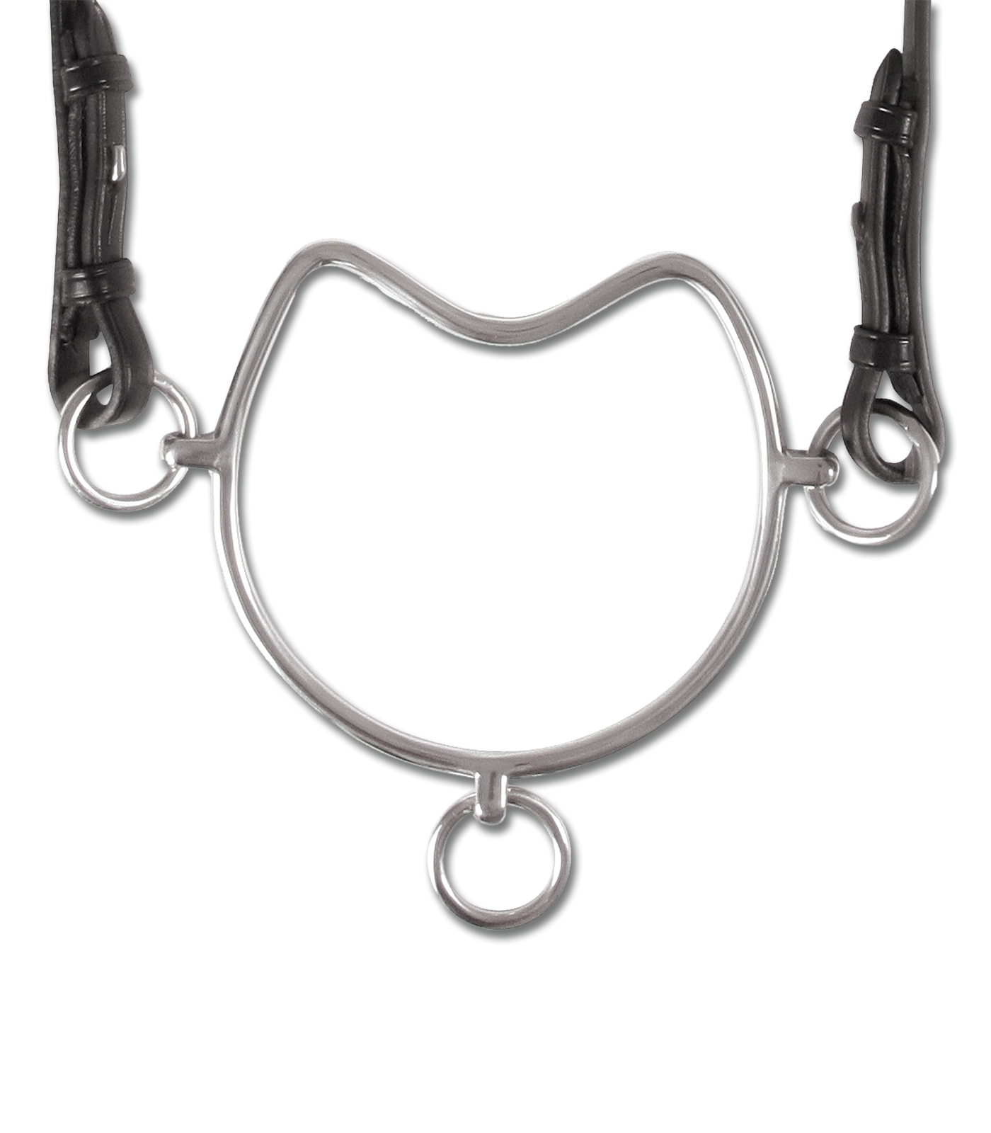 Waldhausen Steiggebiss aus glänzendem Edelstahl mit großem Ring, anatomischer Wölbung und schwarzen Lederriemen.