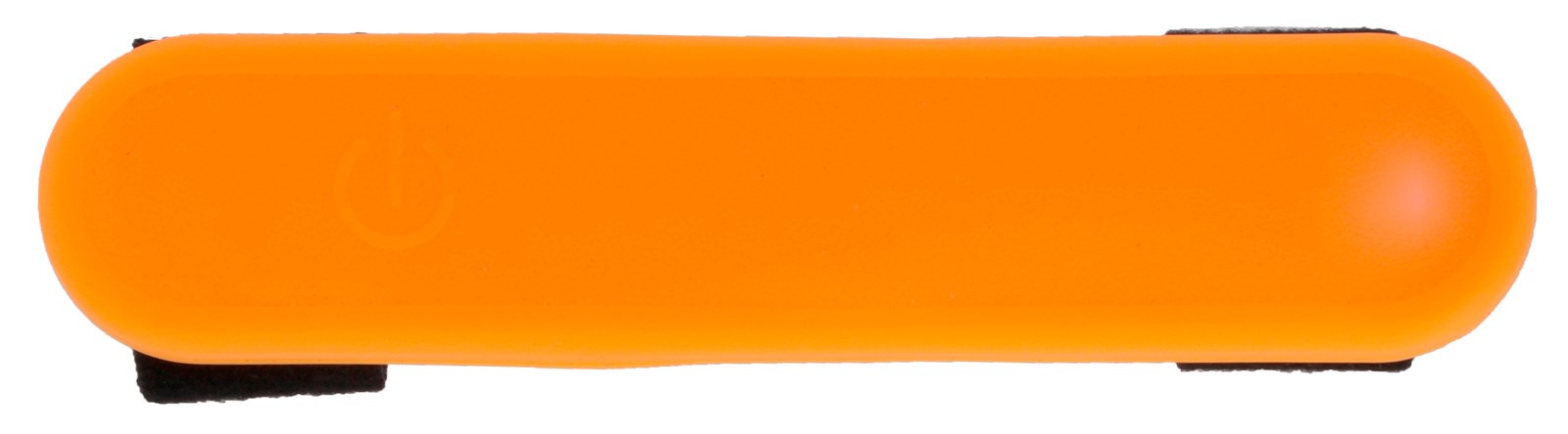 Frontansicht des orangen Kerbl Maxi Safe LED-Sicherheitsbands aus Kunststoff mit Power-Symbol und Klettverschluss.