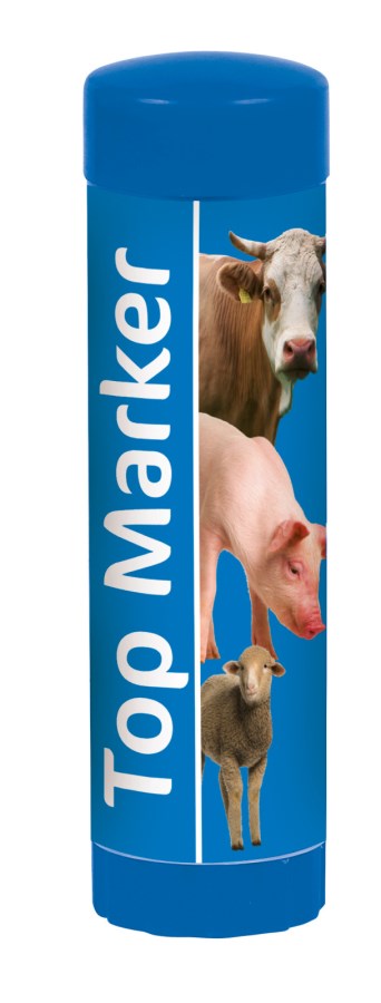 Blauer Viehzeichenstift TopMarker in einer Kunststoff-Drehhülse zur Kennzeichnung von Rind, Schwein und Schaf.