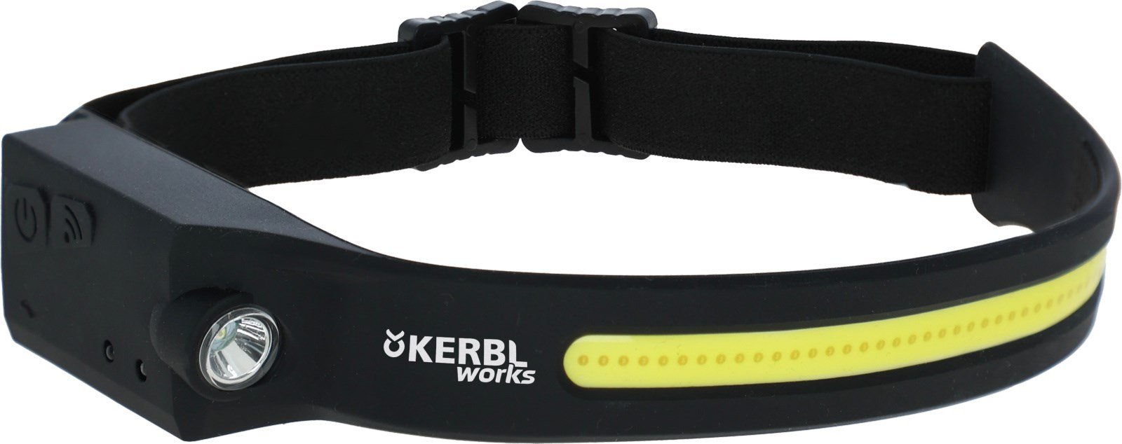 Kerbl LED-Kopflampe HeadFire 280 mit Sensor, schwarzem Gehäuse, gelbem Leuchtband und verstellbarem Kopfband.
