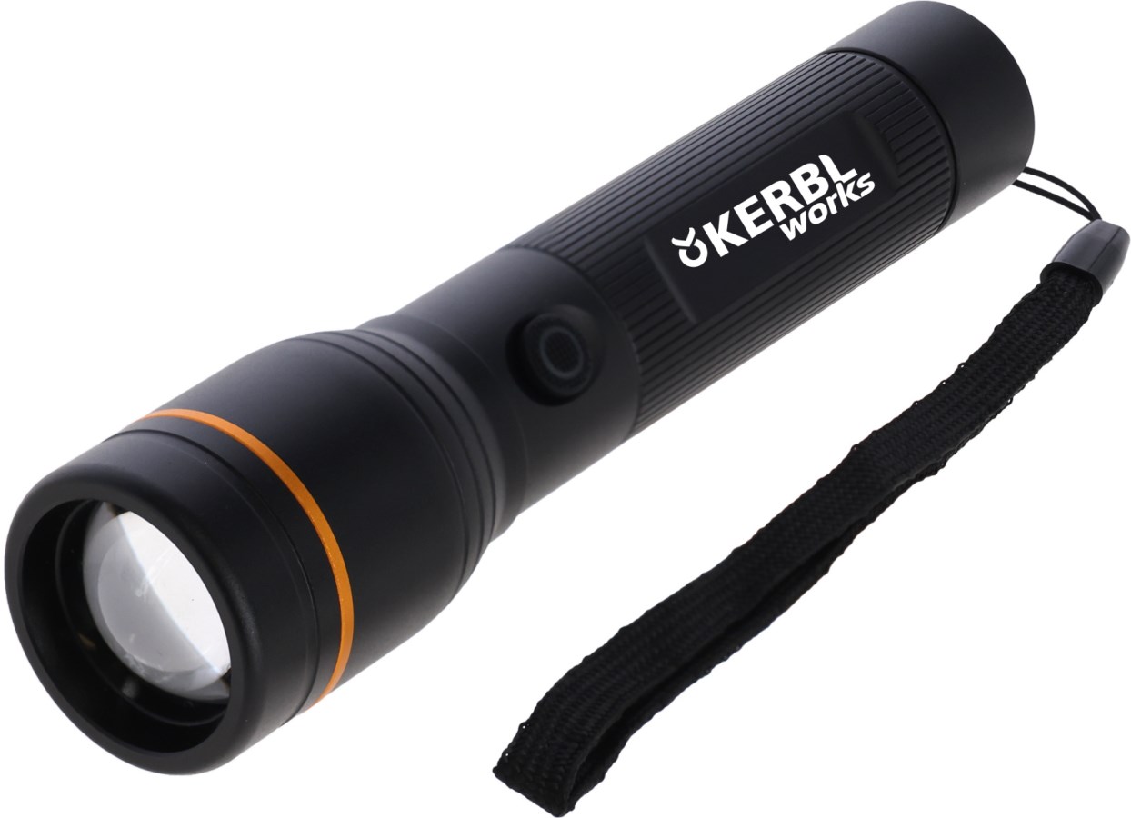 KERBL LED-Akkutaschenlampe ProFire 1800 in Schwarz mit geriffeltem Griff, orangefarbenem Ring und Handschlaufe.