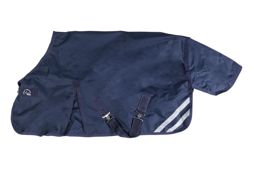 Dunkelblaue HKM Weidedecke Mini für Fohlen mit verstellbarer Kreuzbegurtung, Gehfalte und Reflektorstreifen.