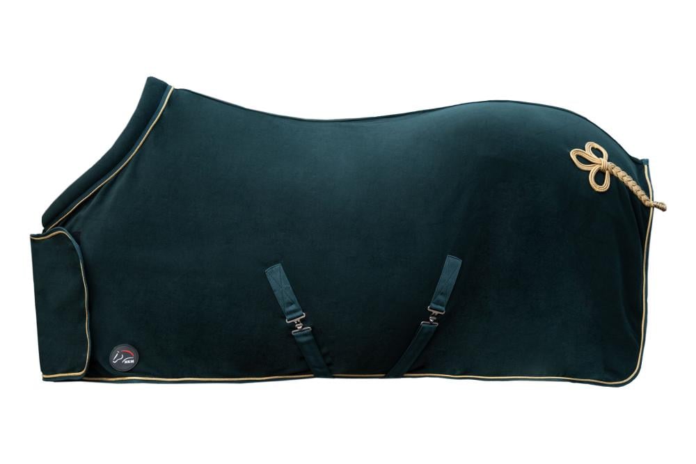 HKM Abschwitzdecke mit Kragen in Tannengrün aus weichem Fleece mit goldener Zier- und Schweifkordel.