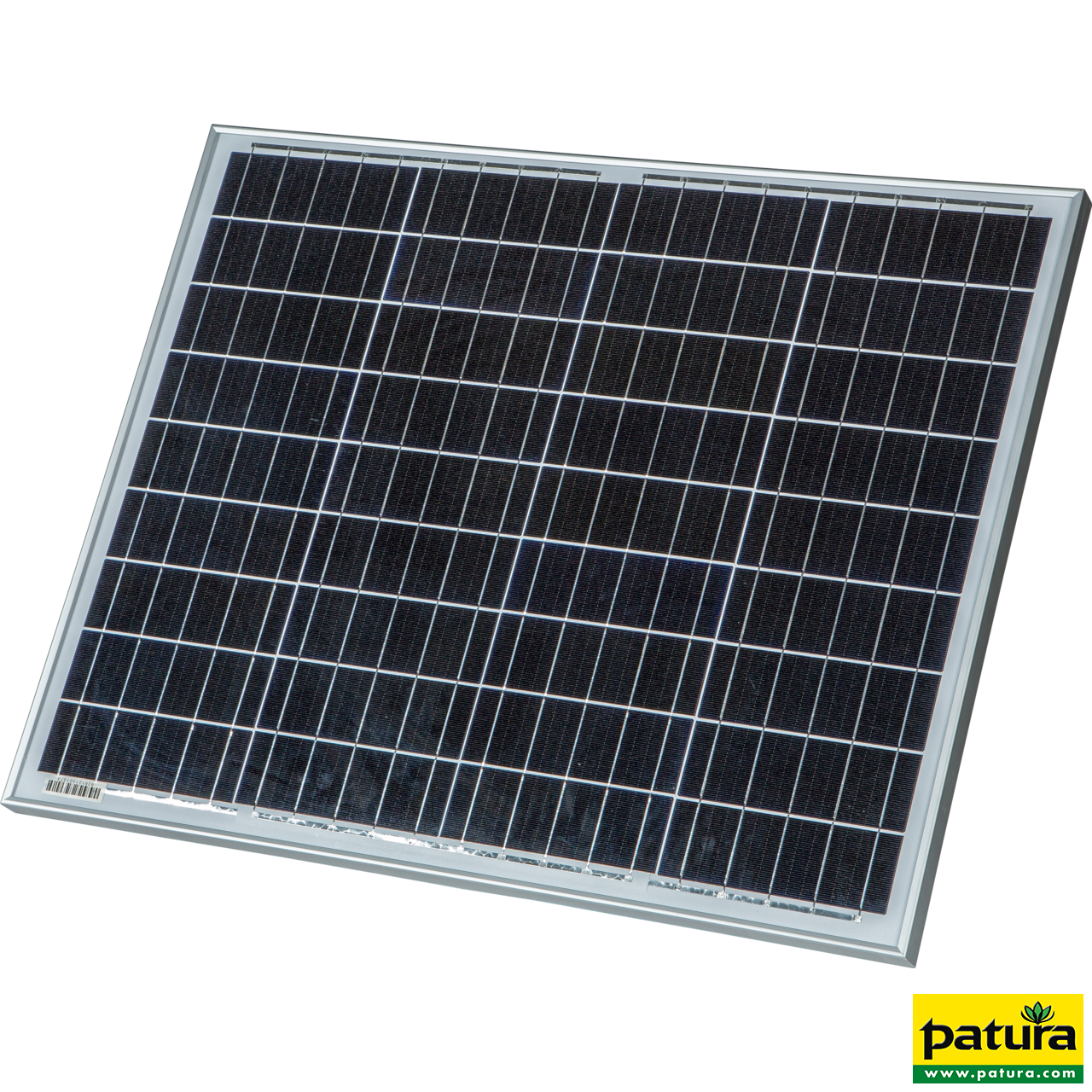 PATURA Solarmodul 65 W für MaxiBox, mit Halter für P 450 Rechteckiges 65W Solarmodul MaxiBox mit dunklen Solarzellen und silbernem Aluminiumrahmen in Schrägansicht.