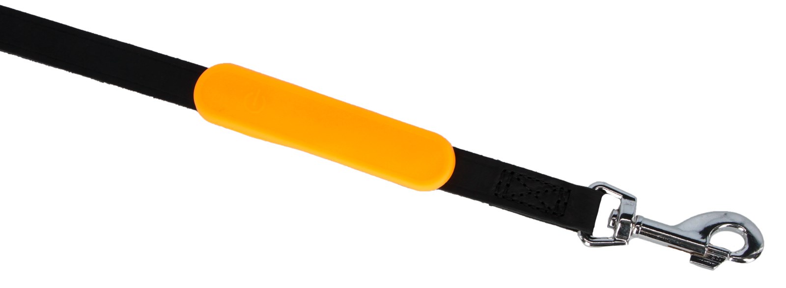 Oranges Kerbl Maxi Safe LED-Sicherheitsband aus Silikon an einem schwarzen Gurtband mit silbernem Karabinerhaken.