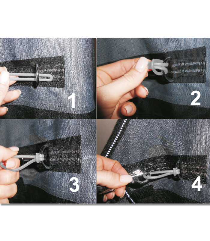 WALDHAUSEN Safe-Gum, 18er Set gemischt Anleitung in vier Schritten zur Befestigung des silbergrauen Safe-Gum Gummis an einer Tasche zur Reißverschlusssicherung.