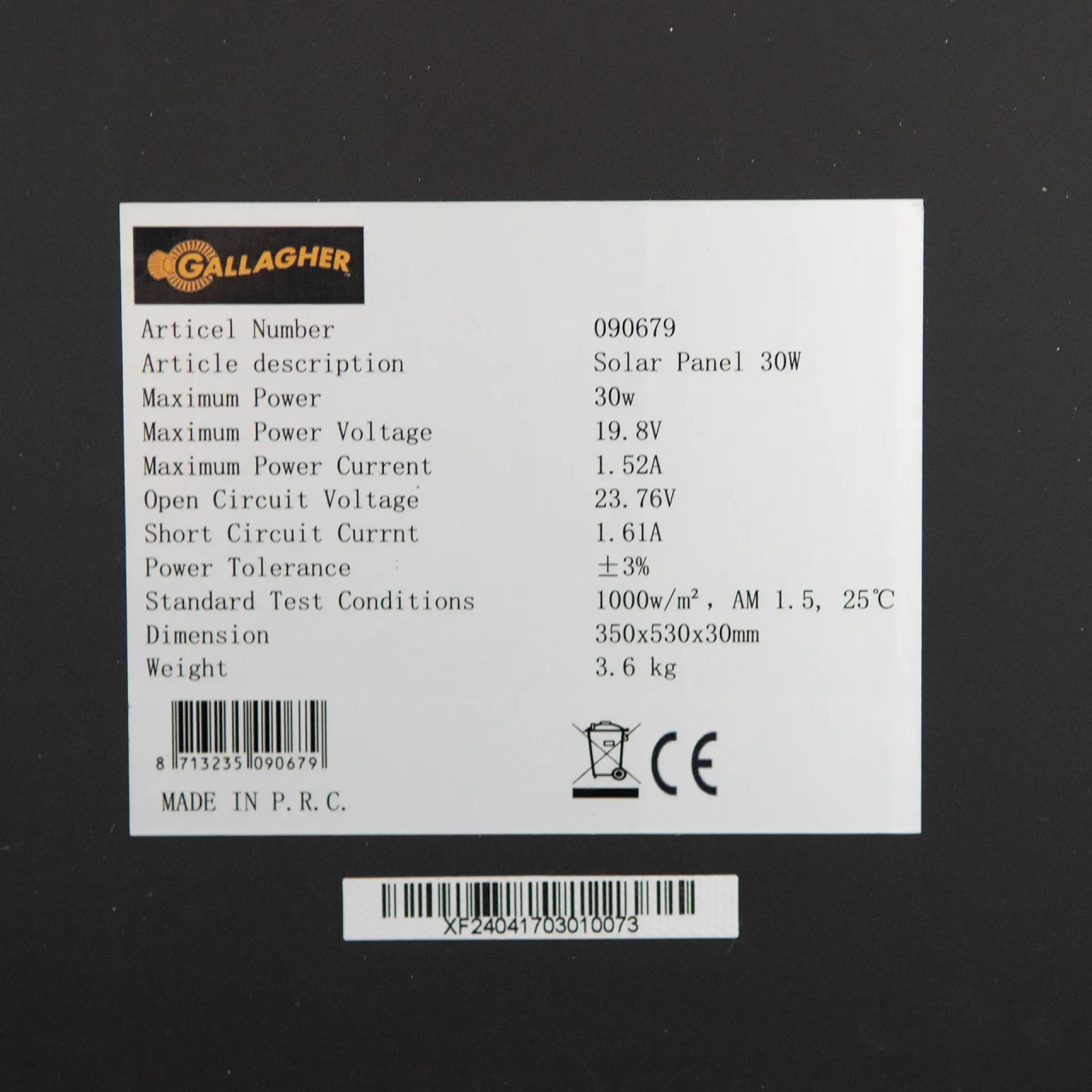 GALLAGHER Solarmodul 30 W inkl. Regler 