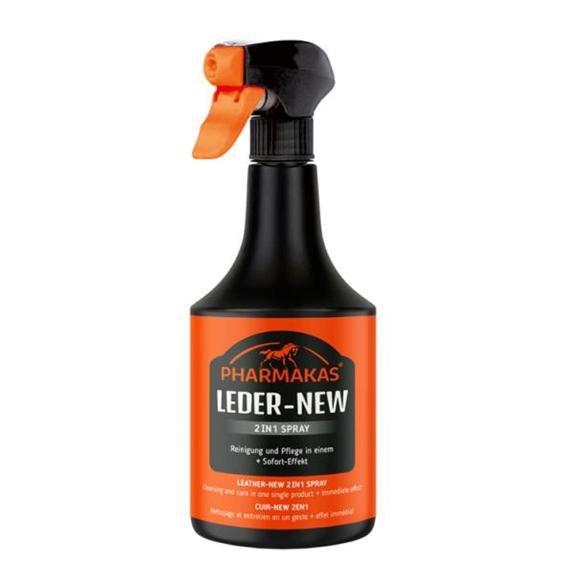 Pharmakas Leder-New 2 in 1 Spray in schwarzer Sprühflasche mit orangefarbenem Etikett zur Lederreinigung und Pflege.