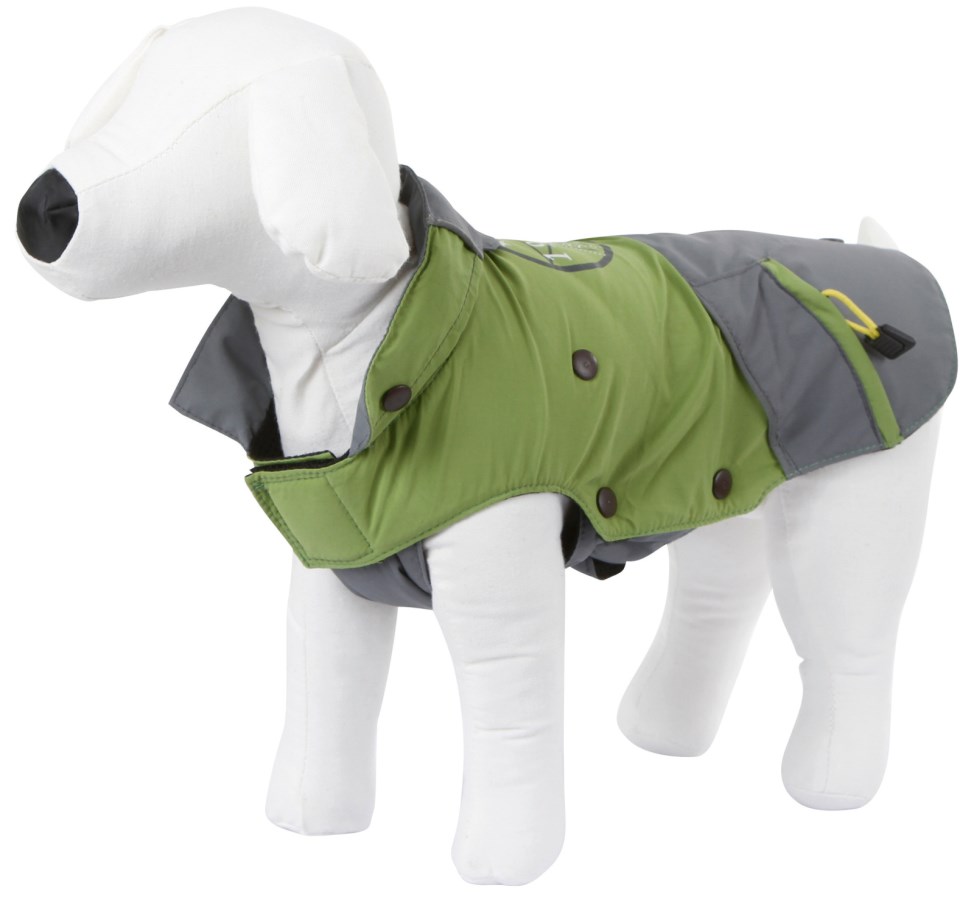 Kerbl Hundemantel Vancouver in Grün und Grau, ein gefütterter Wintermantel mit Druckknöpfen und Kragen.
