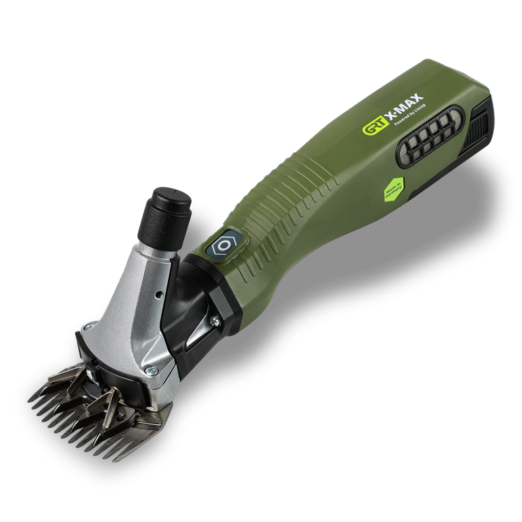 Professionelle Schafschermaschine GRT X-MAX mit olivgrünem Gehäuse und silbernem Scherkopf aus Metall in Schrägansicht.