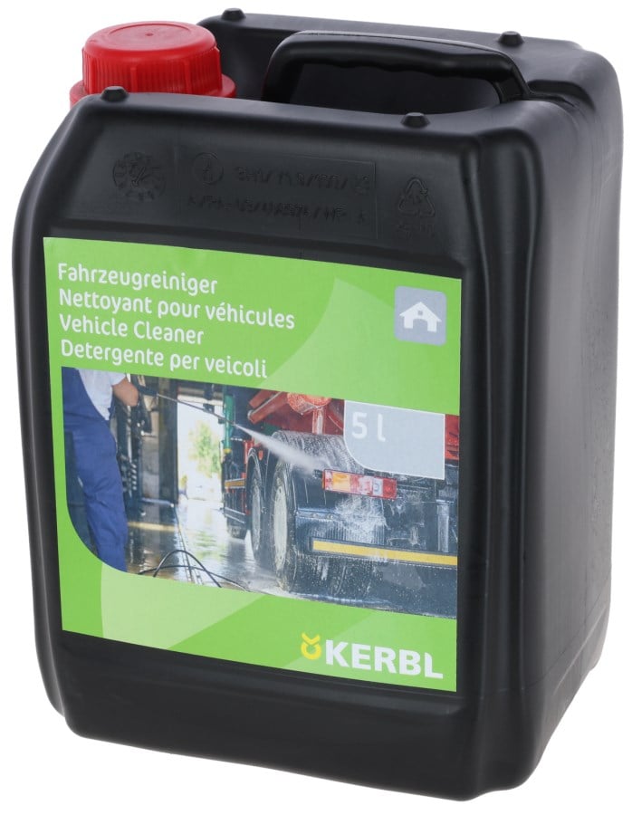 Kerbl Fahrzeugreiniger im schwarzen 5-Liter-Kanister aus Kunststoff mit rotem Schraubdeckel und Tragegriff.
