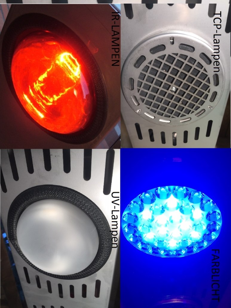 Summerwind Pferdesolarium Collage mit vier Therapielampen: rote IR-Lampe, TCP-Lampe, UV-Lampe und blaues Farblicht.