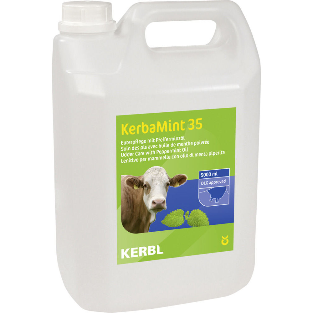 Euterpflegemittel KerbaMint 35 mit Pfefferminzöl im weißen 5000 ml Kanister für die Pflege von Kuheutern.
