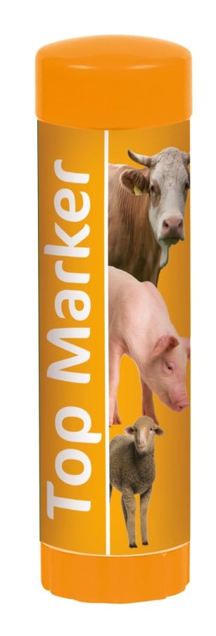 Oranger Viehzeichenstift TopMarker in einer Kunststoffhülse zur Kennzeichnung von Rind, Schwein und Schaf.