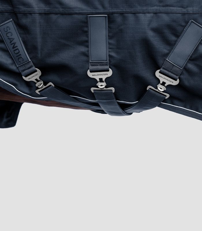 Detailansicht des dreifachen Brustverschlusses der SCANDIC MultiLayer Outdoordecke in Nachtblau mit T-Haken.