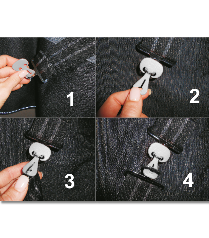 WALDHAUSEN Safe-Gum, 18er Set gemischt Anleitung in vier Schritten zur Befestigung des silbergrauen Safe-Gum Clips an einem dunklen Hosenbund.