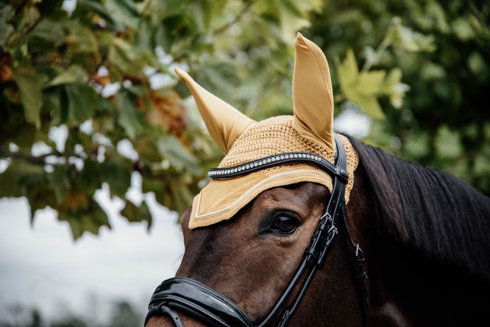KENTUCKY® HORSEWEAR Fliegenhaube Wellington Velvet, senfgelb