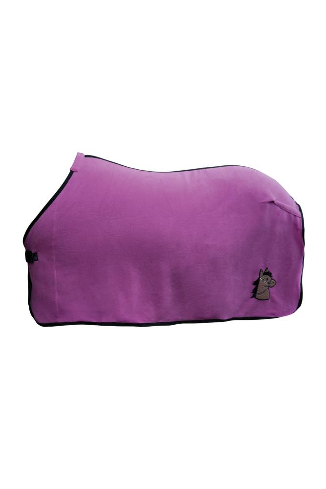 Pinke HKM Abschwitzdecke Mia aus weichem Fleece für Pferde, mit schwarzem Rand und kleiner Pferdekopf-Stickerei.