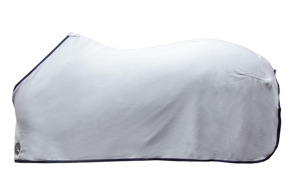 Hellgraue HKM Abschwitzdecke Alaska aus Fleecestoff in der Seitenansicht mit einer dunklen Randeinfassung