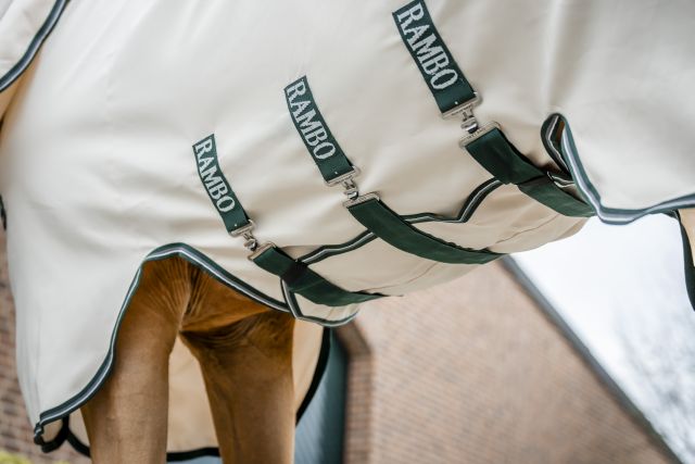 HORSEWARE® Rambo® Pony Hoody, chalk/hunter green Detailansicht der Rambo Pony Hoody Pferdedecke in Chalk mit drei jägergrünen Bauchgurten und Logo-Schriftzug