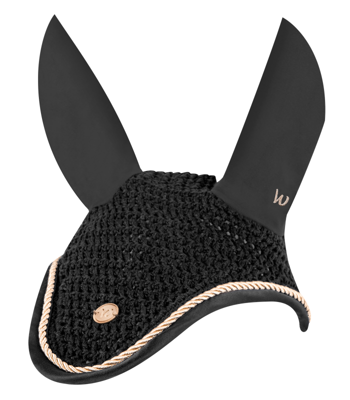 Waldhausen Fliegenohren Modern Ros, gehäkelt in schwarz mit goldener Zierkordel und elastischen Ohren.