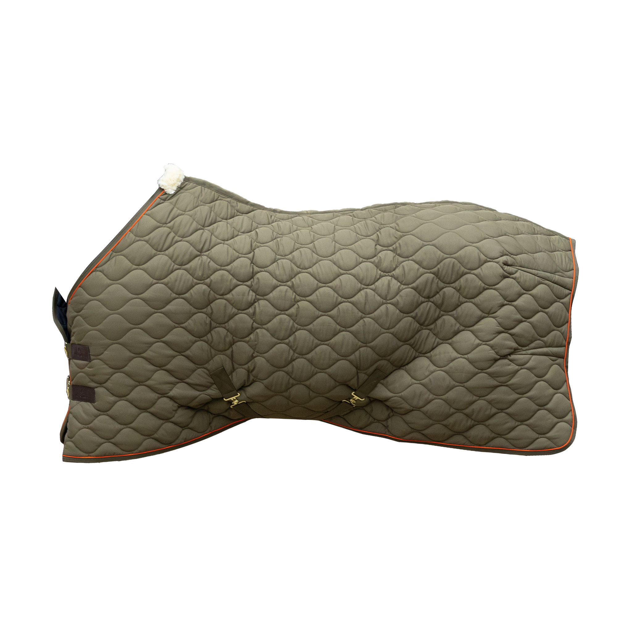 Dunkelgrüne Stalldecke Wave mit wellenförmiger Steppung, orangefarbenem Rand und weichem Widerristpolster.
