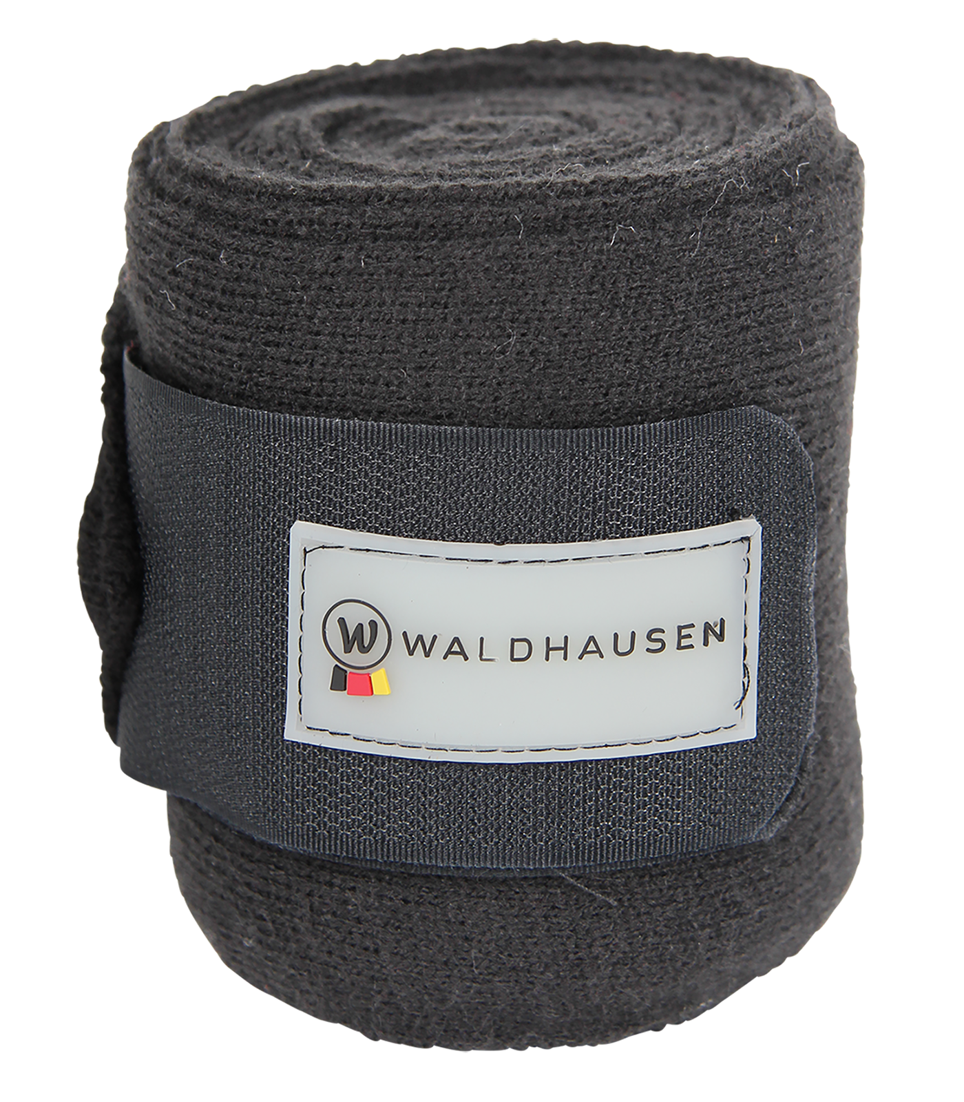 WALDHAUSEN Strickbandage, Paar Aufgerollte, anthrazitfarbene Strickbandage von Waldhausen für Pferde mit Klettverschluss und Logo in Nahaufnahme.