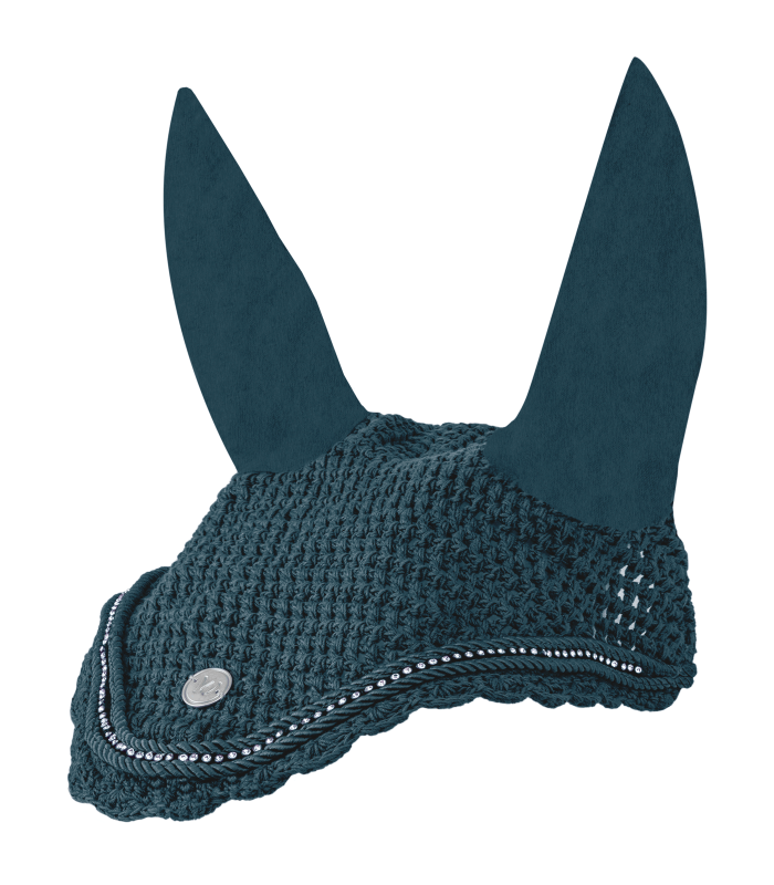WALDHAUSEN Fliegenohren Nepal in Petrolblau, gehäkelt, mit elastischen Ohren, Zierkordel und Strasssteinen.