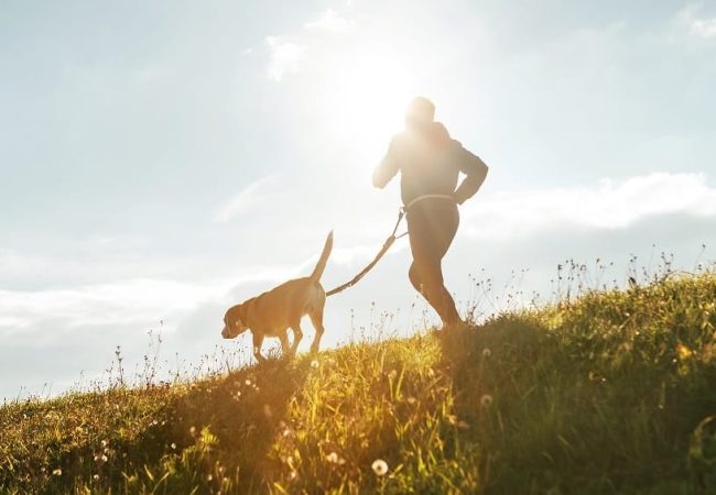 Mann joggt mit Hund an der Leine